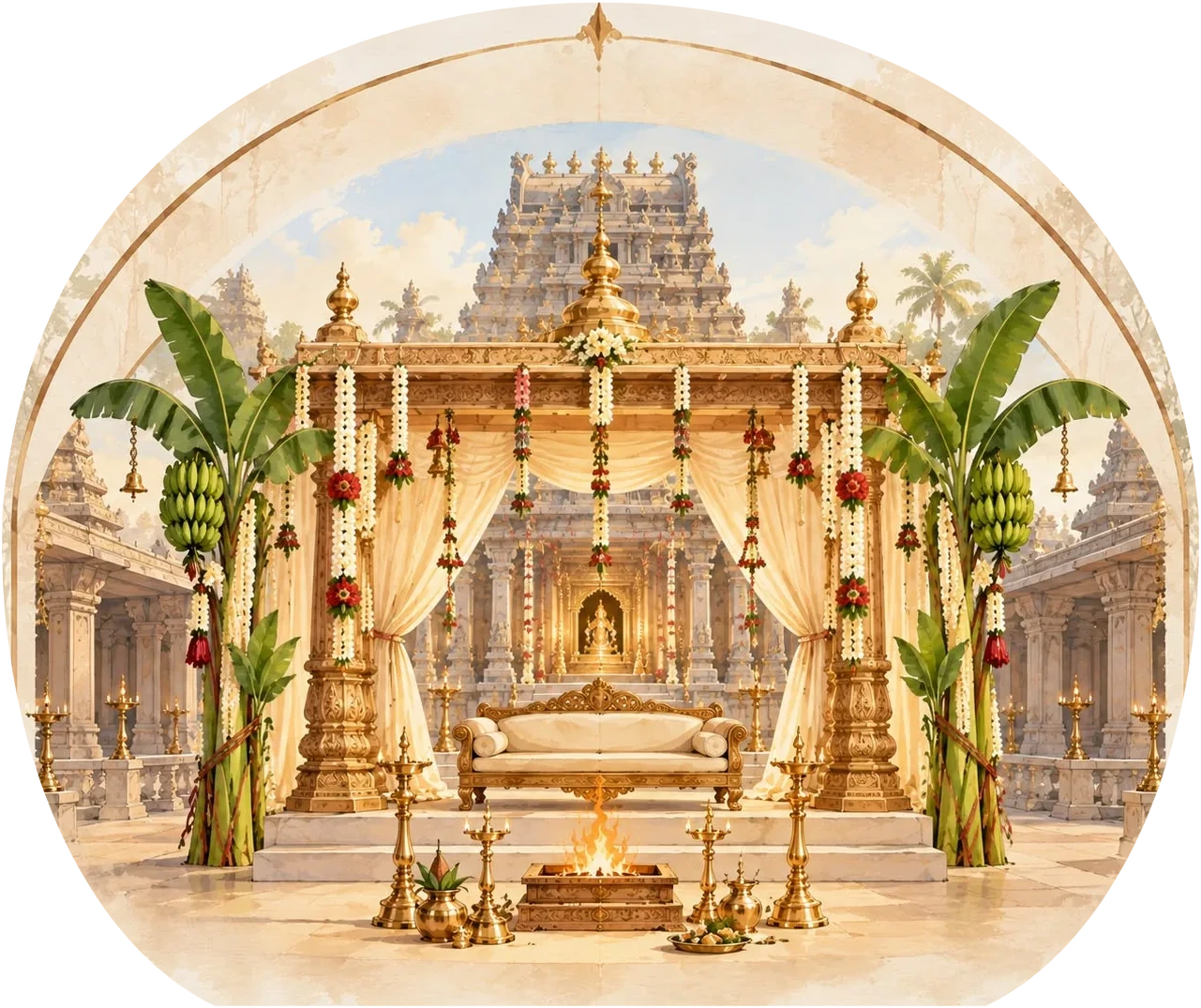 Cropped temple mandapam arch with traditional wedding decorations